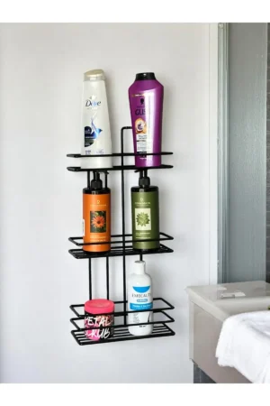 3 Katlı Yapışkanlı Banyo Düzenleyici Raf | Siyah Duşakabin Şampuanlık Organizer