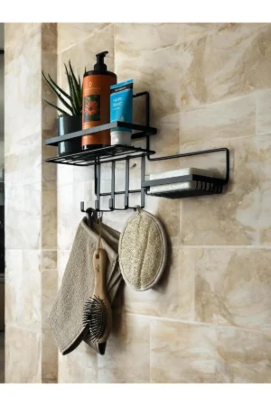 Sabunluk Hazneli Yapışkanlı Banyo Düzenleyici Raf | Mat Siyah Duşakabin Şampuanlık Organizeri