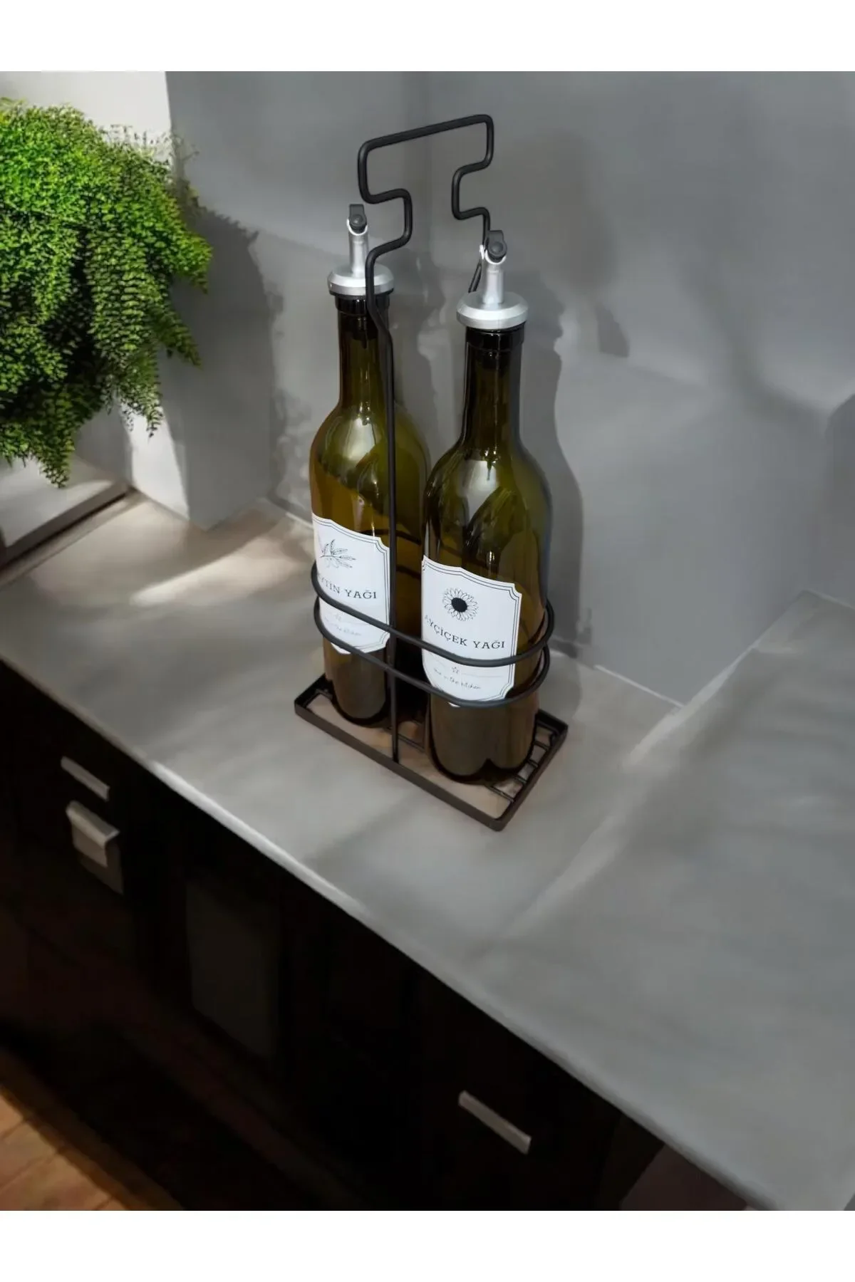 Metal Stantlı İkili Cam Yağdanlık Seti | 2x750 ml Yağlık Standı ve Şişesi - Görsel 9