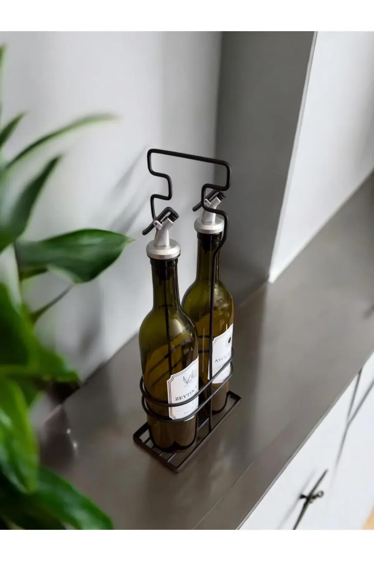 Metal Stantlı İkili Cam Yağdanlık Seti | 2x750 ml Yağlık Standı ve Şişesi - Görsel 8
