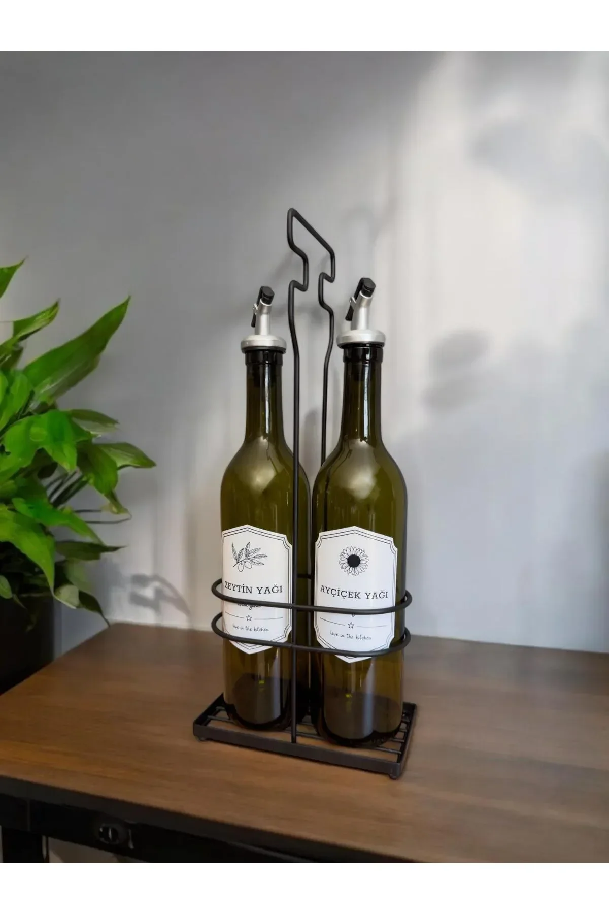 Metal Stantlı İkili Cam Yağdanlık Seti | 2x750 ml Yağlık Standı ve Şişesi - Görsel 7