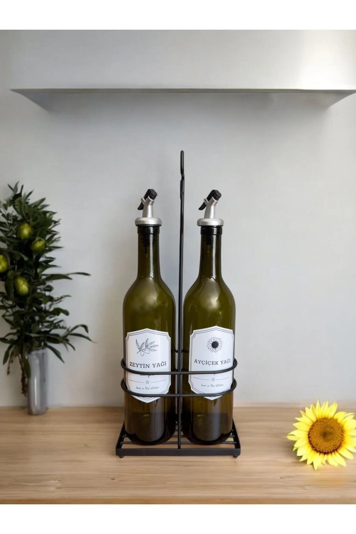 Metal Stantlı İkili Cam Yağdanlık Seti | 2x750 ml Yağlık Standı ve Şişesi - Görsel 4