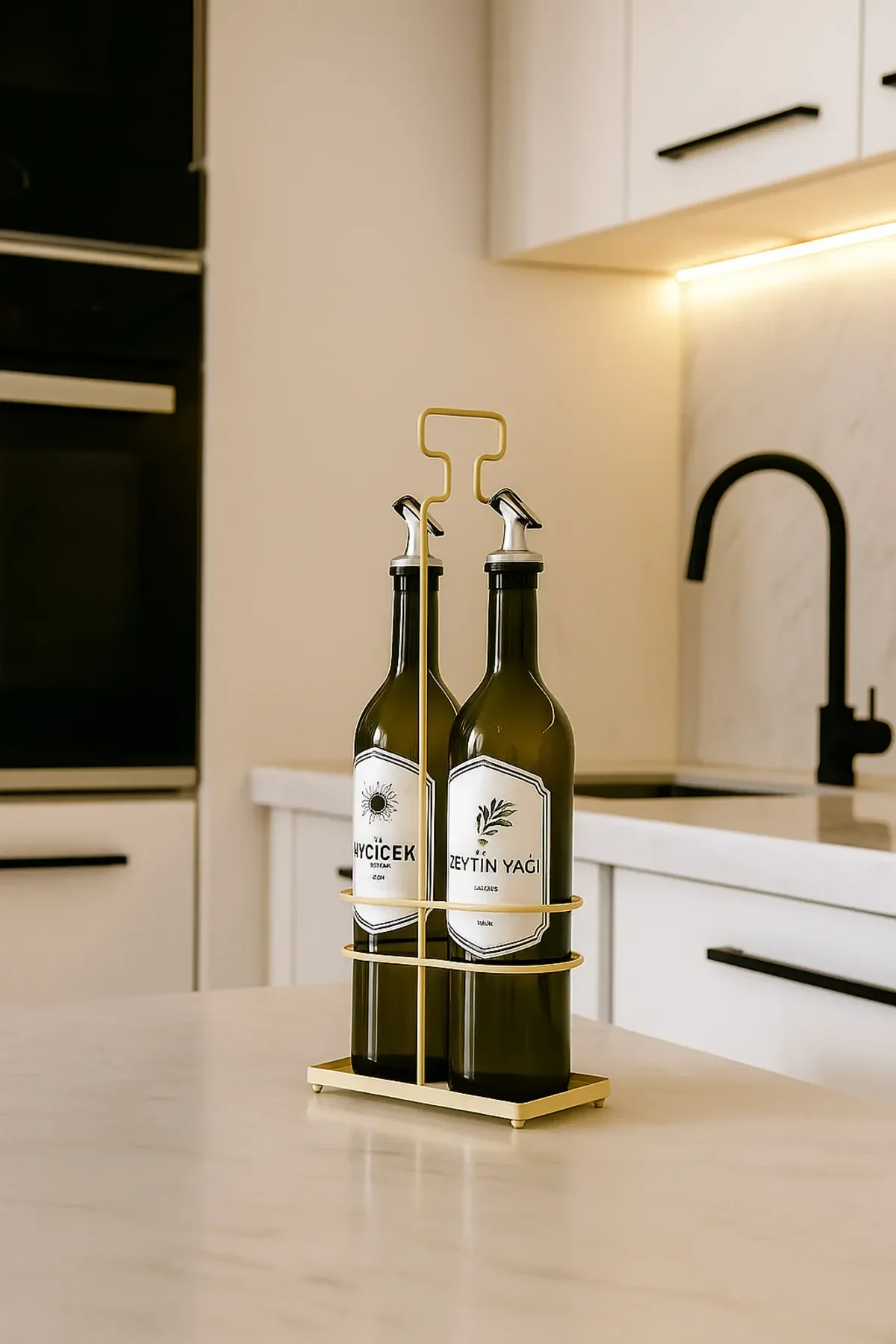 Metal Krem Stantlı İkili Cam Yağdanlık Seti | 2×750 ml Yağlık Standı ve Şişesi - Görsel 2