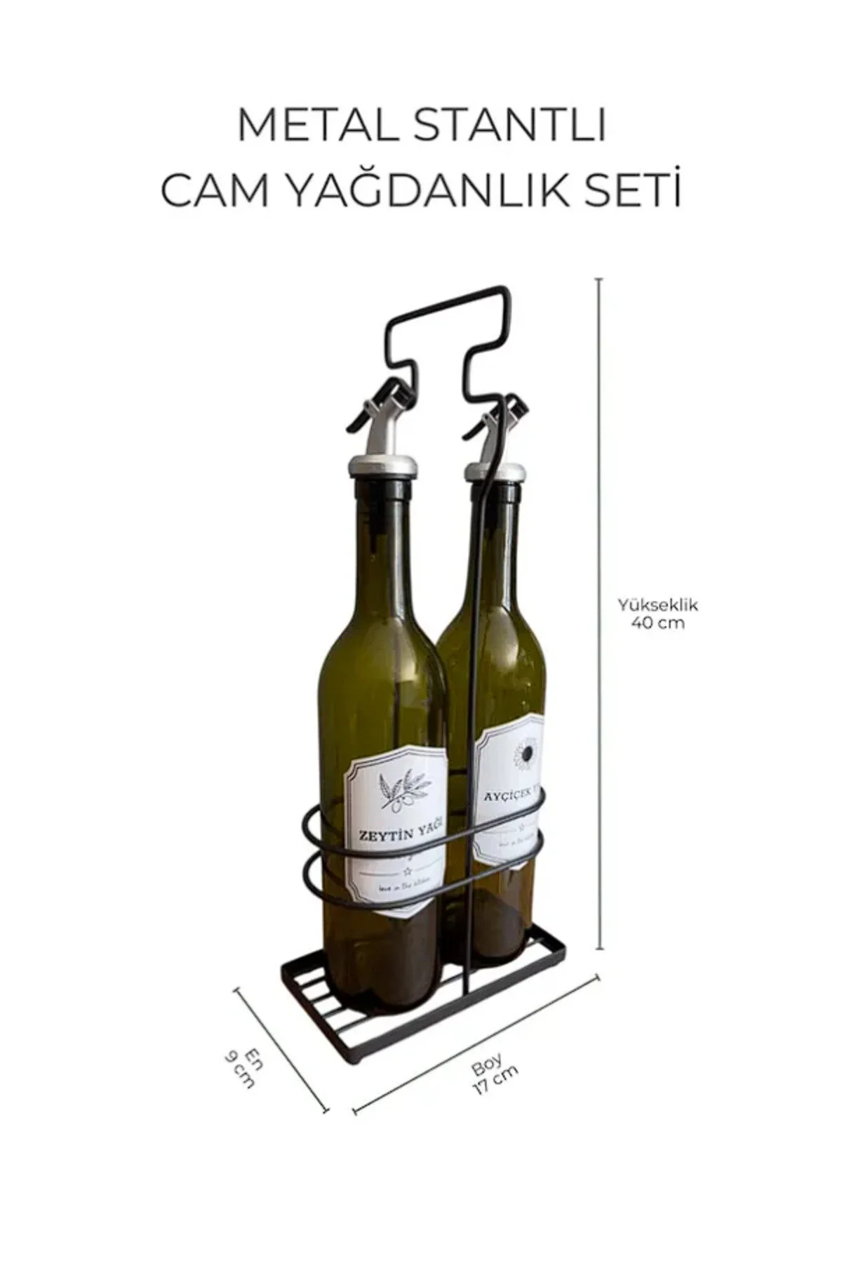Metal Krem Stantlı İkili Cam Yağdanlık Seti | 2×750 ml Yağlık Standı ve Şişesi - Görsel 6