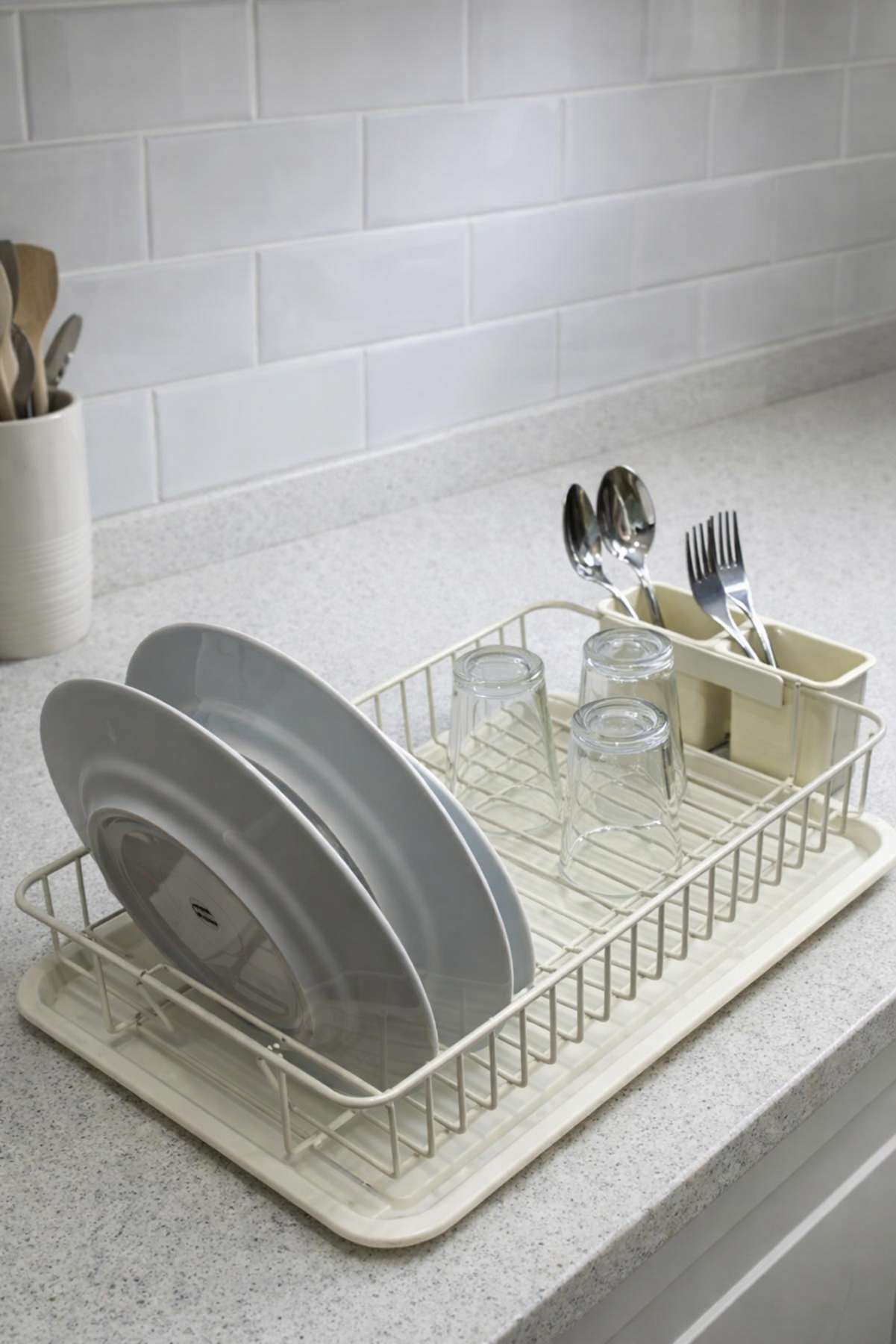 Tepsili Kaşıklıklı Krem Tek Katlı Bulaşıklık, Paslanmaz Metal Tezgah Üstü Tabaklık Organizer - Görsel 2