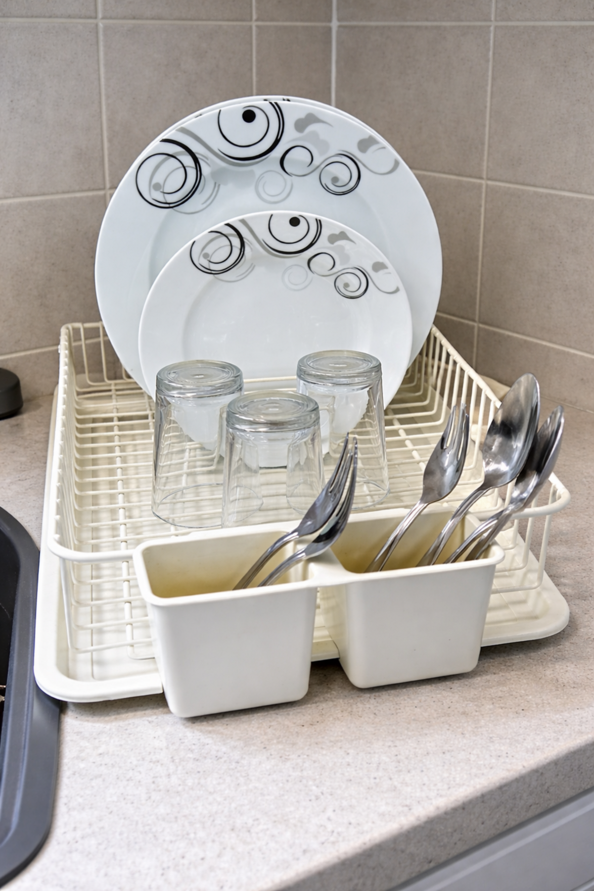 Tepsili Kaşıklıklı Krem Tek Katlı Bulaşıklık, Paslanmaz Metal Tezgah Üstü Tabaklık Organizer - Görsel 4