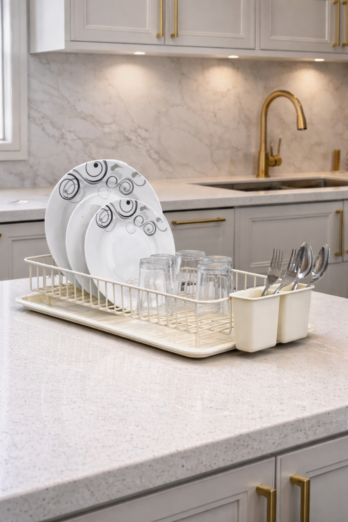 Tepsili Kaşıklıklı Krem Tek Katlı Bulaşıklık, Paslanmaz Metal Tezgah Üstü Tabaklık Organizer - Görsel 5