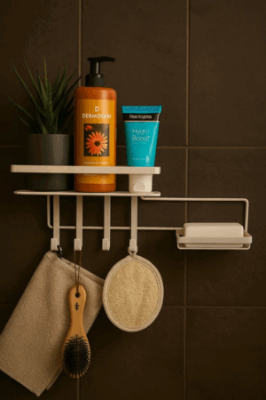 Yapışkanlı Krem Renk Banyo Düzenleyici, Sabunluk Hazneli Duşakabin Şampuanlık Organizer Banyo Rafı