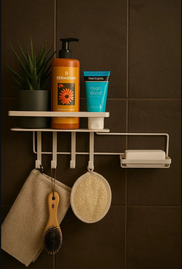 Yapışkanlı Krem Renk Banyo Düzenleyici, Sabunluk Hazneli Duşakabin Şampuanlık Organizer Banyo Rafı