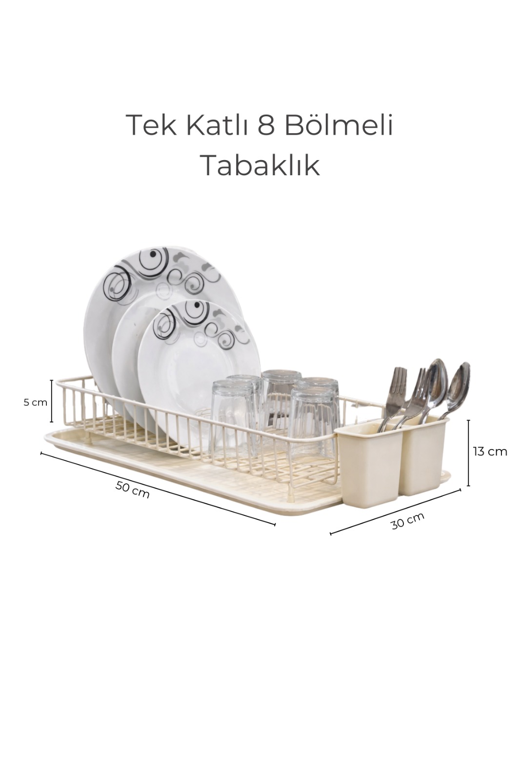 Tepsili Kaşıklıklı Krem Tek Katlı Bulaşıklık, Paslanmaz Metal Tezgah Üstü Tabaklık Organizer - Görsel 6