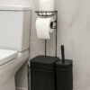 Yedekli Siyah Kare WC Kağıtlığı Tuvalet Fırçalığı Çöp Kovası Seti, Metal Askılı WC Kağıtlık Fırça