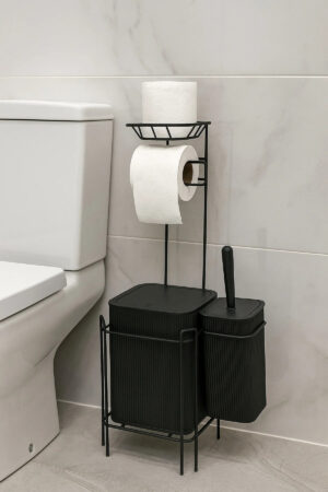 Yedekli Siyah Kare WC Kağıtlığı Tuvalet Fırçalığı Çöp Kovası Seti, Metal Askılı WC Kağıtlık Fırça