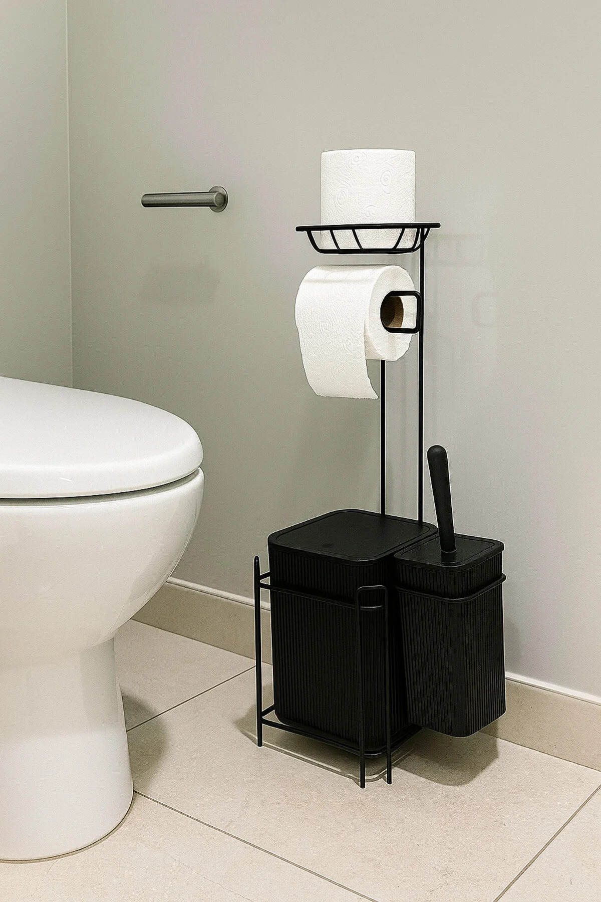 Yedekli Siyah Kare WC Kağıtlığı Tuvalet Fırçalığı Çöp Kovası Seti, Metal Askılı WC Kağıtlık Fırça - Görsel 2