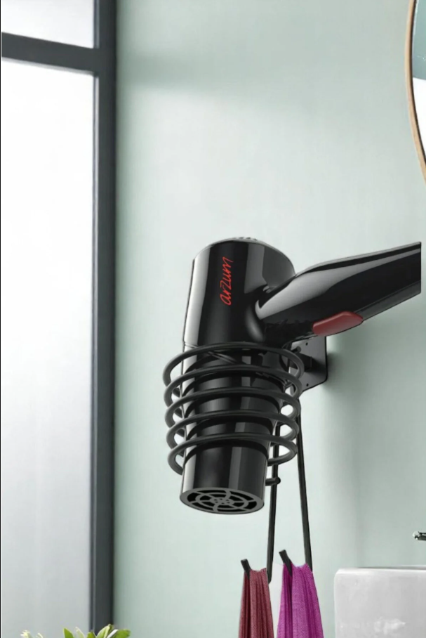 Yapışkanlı Banyo Saç Kurutma Makinesi Askısı | Siyah Fön Makinesi Tutucu Aparatı Askılığı - Görsel 2