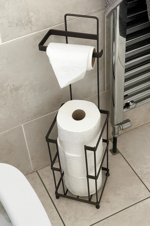 Mat Siyah Yedekli Ayaklı Tuvalet Kağıtlığı, Paslanmaz Premium Seri WC Kağıtlık Askısı Askılığı - Görsel 3